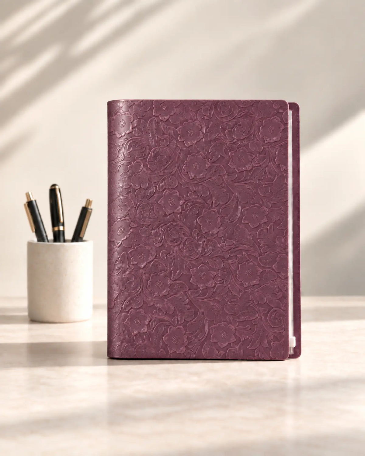 Purple Legacy Floral A4 leather ring-binder journal with embossed floral cover