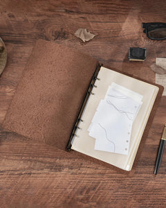 Espresso Legacy Floral A5 leather ring-binder journal open to show six-ring interior