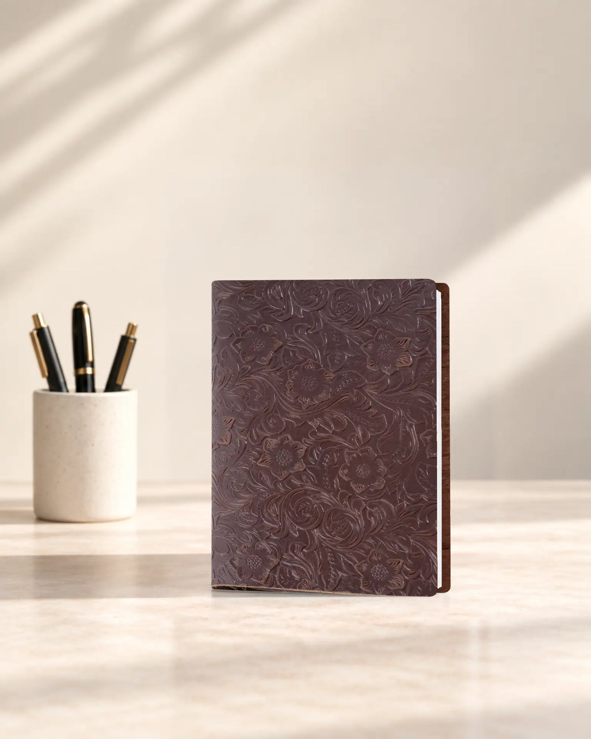 Espresso Legacy Floral A5 leather ring-binder journal with embossed floral cover