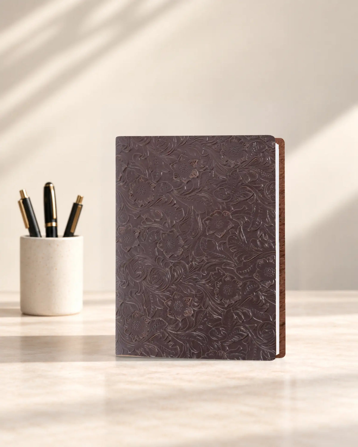 Espresso Legacy Floral B5 leather ring-binder journal with embossed floral cover