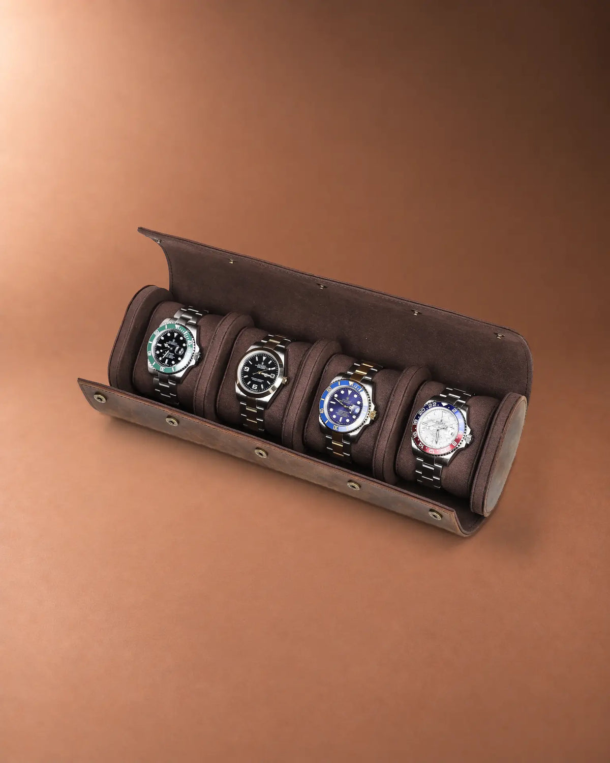 Open Legacy Hidden Snap 4-Watch Roll in Espresso with four watches in one row.