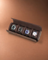 Open Legacy Hidden Snap 4-Watch Roll in Espresso with four watches in one row.