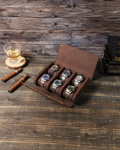 Angled top view of the Espresso six-watch case with six watches on individual cushions.