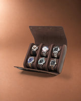 Open Legacy Hidden Snap 6-Watch Case in Espresso with six watches in two rows of three.