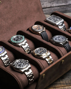 Close-up of watches on individual cushions in the two-row interior of the Espresso eight-watch case.