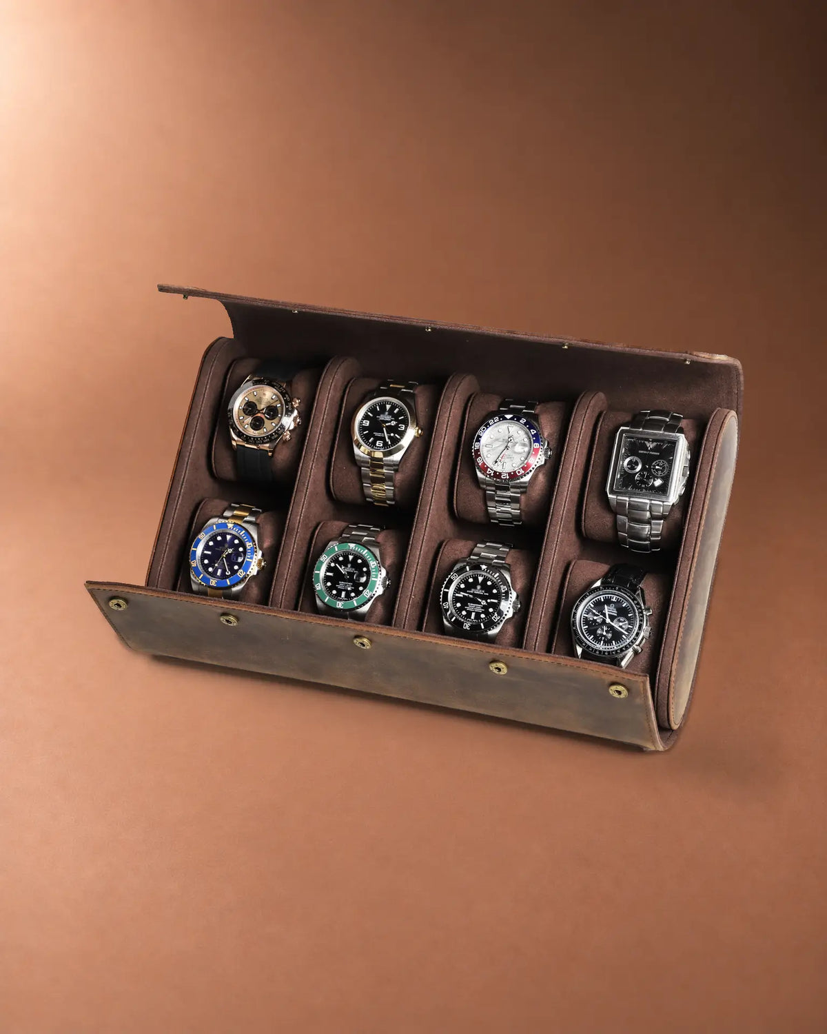 Open Legacy Hidden Snap 8-Watch Case in Espresso with eight watches in two rows of four.