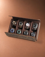 Open Legacy Hidden Snap 8-Watch Case in Espresso with eight watches in two rows of four.