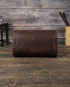 Back view of the Espresso double watch roll, showing the curved leather body and stitched edges.