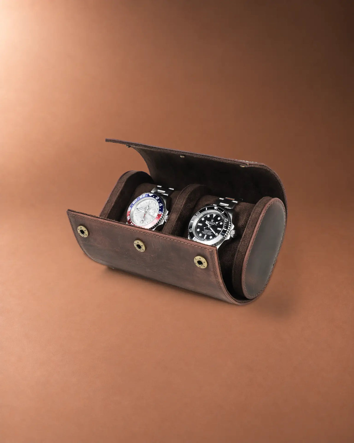 Open Legacy Hidden Snap Double Watch Roll in Espresso with two watches in separate compartments.