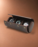 Open Legacy Hidden Snap Triple Watch Roll in Espresso with three watches in separate compartments.