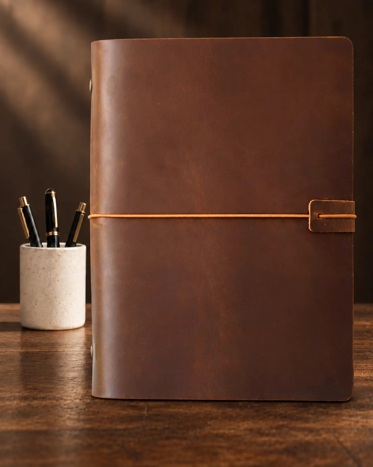 Cognac Legacy Loop A5 leather ring-binder journal with plain cover and wrap closure