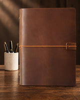 Cognac Legacy Loop A5 leather ring-binder journal with plain cover and wrap closure