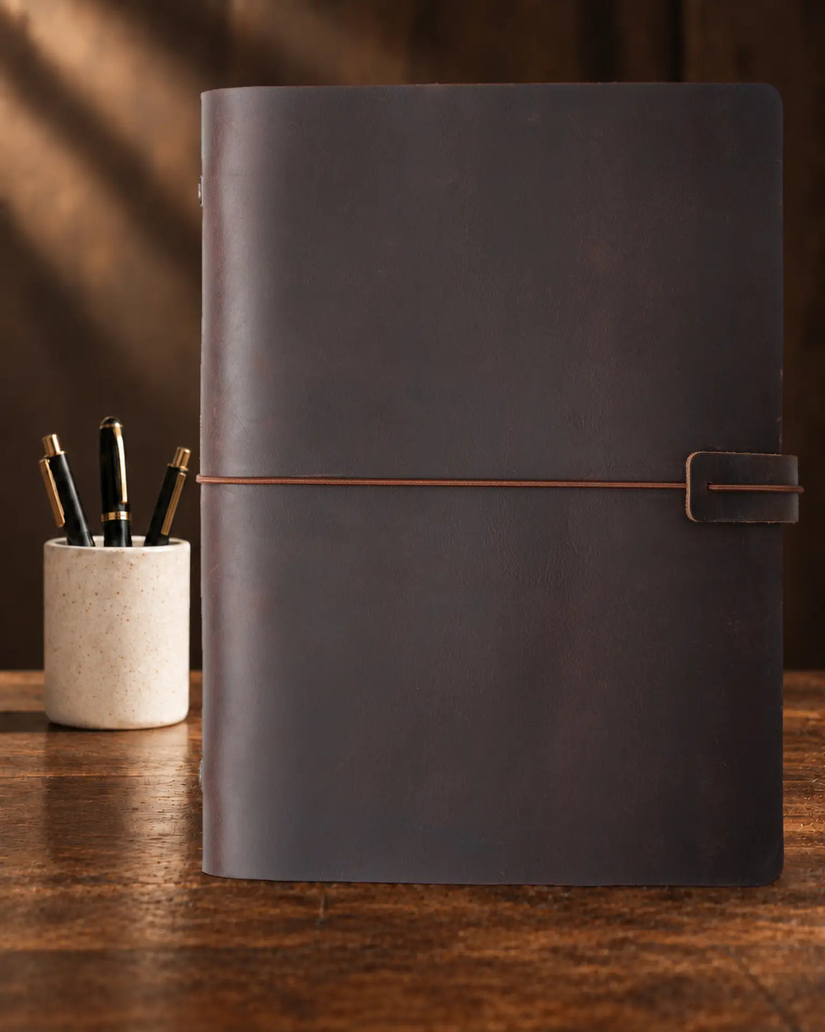 Espresso Legacy Loop A5 leather ring-binder journal with plain cover and wrap closure