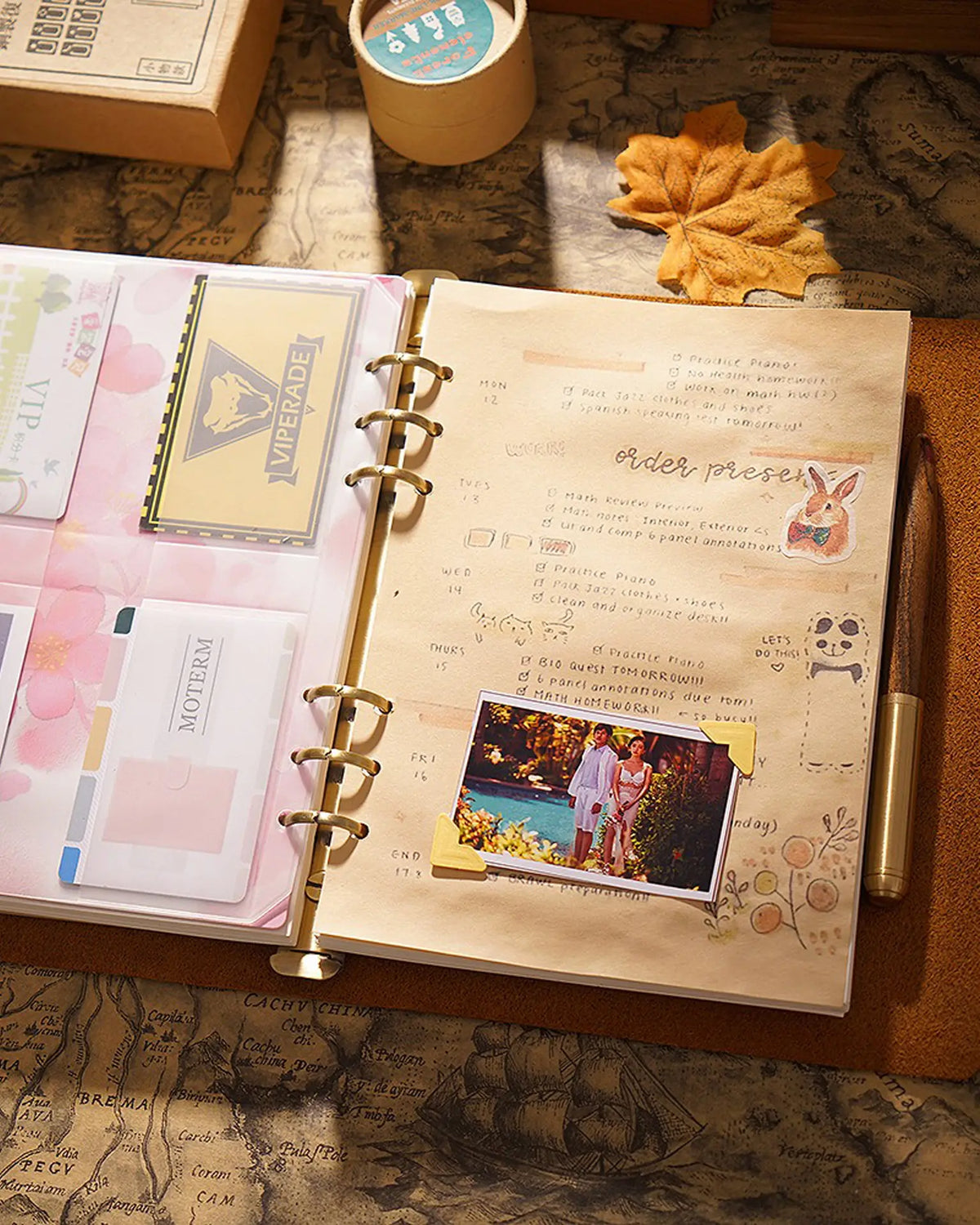 Cognac Legacy Loop journal showing loose-leaf pages and storage inserts