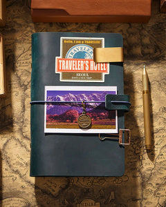Legacy Loop leather journal with decorative travel stickers; decorations not included