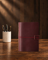 Crimson Legacy Loop A7 leather ring-binder journal with a plain cover and wrap closure