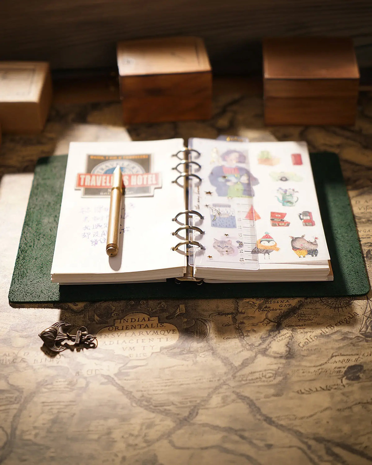 Open Forest Green Legacy Loop journal showing loose-leaf pages and photography props