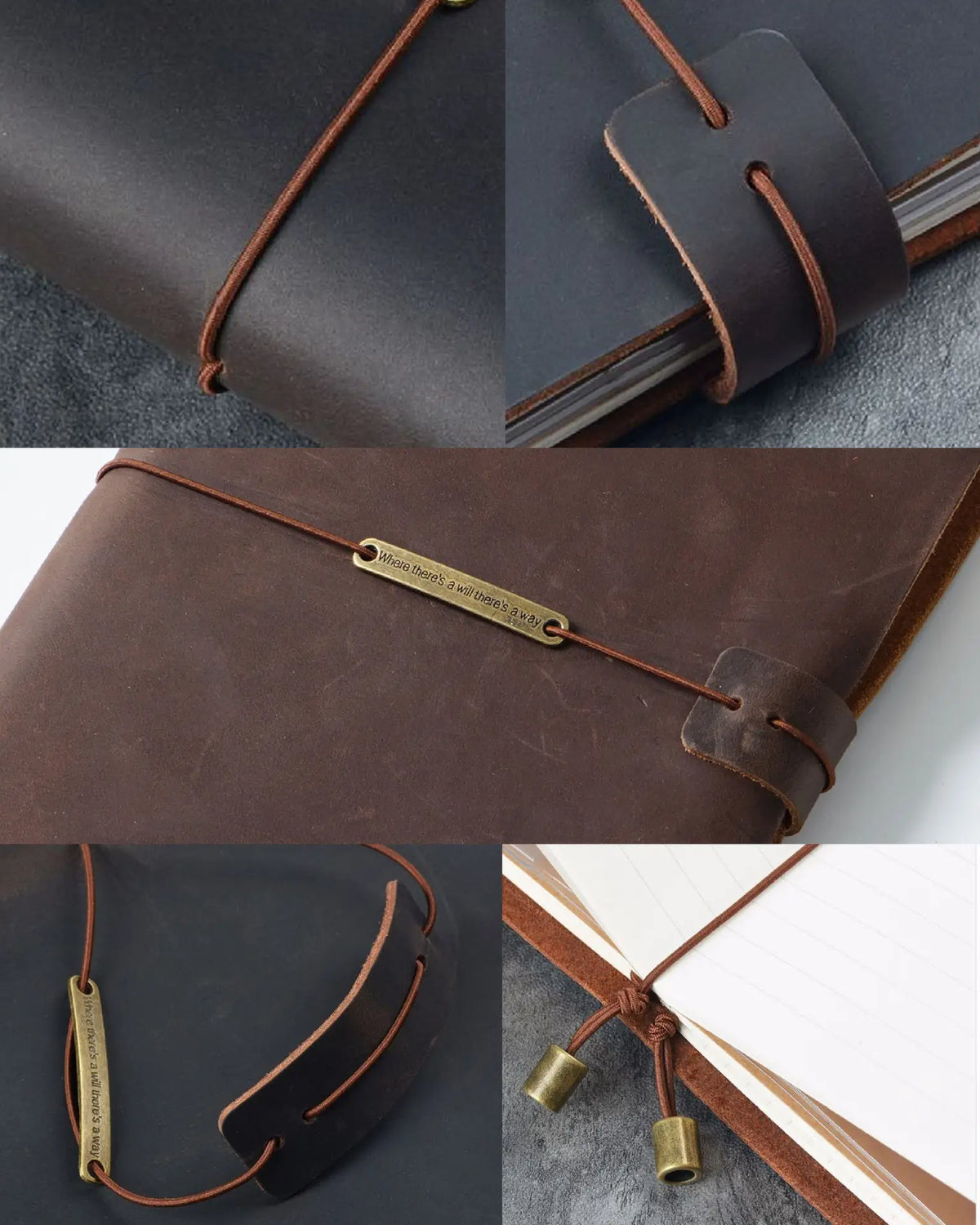 Close-up of the plaque and elastic closure on the leather traveler’s notebook