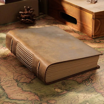 Brown leather-bound book on a vintage world map
