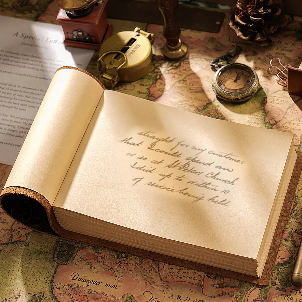 Open book with handwritten text on a map background