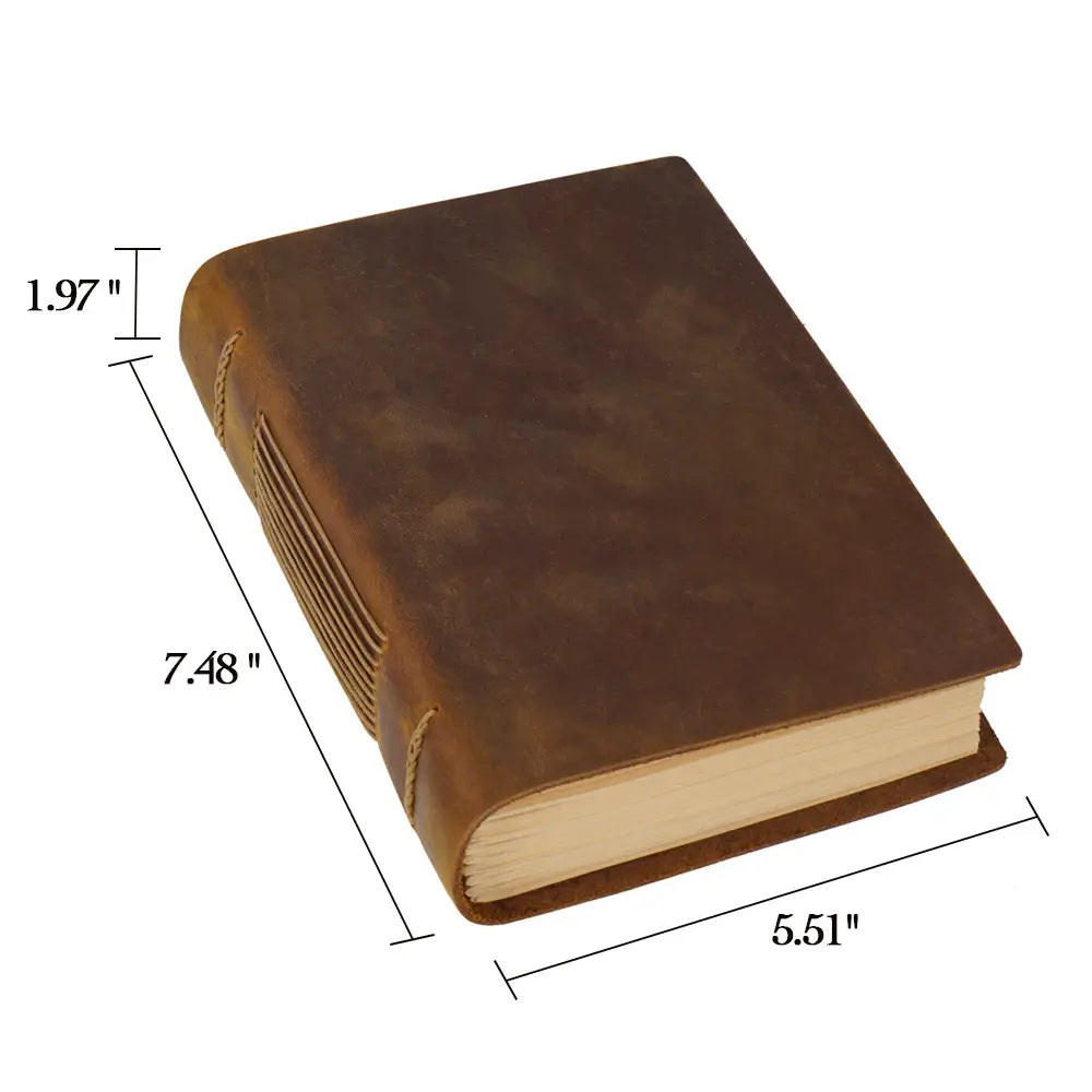 A brown vintage leather diary marked with size