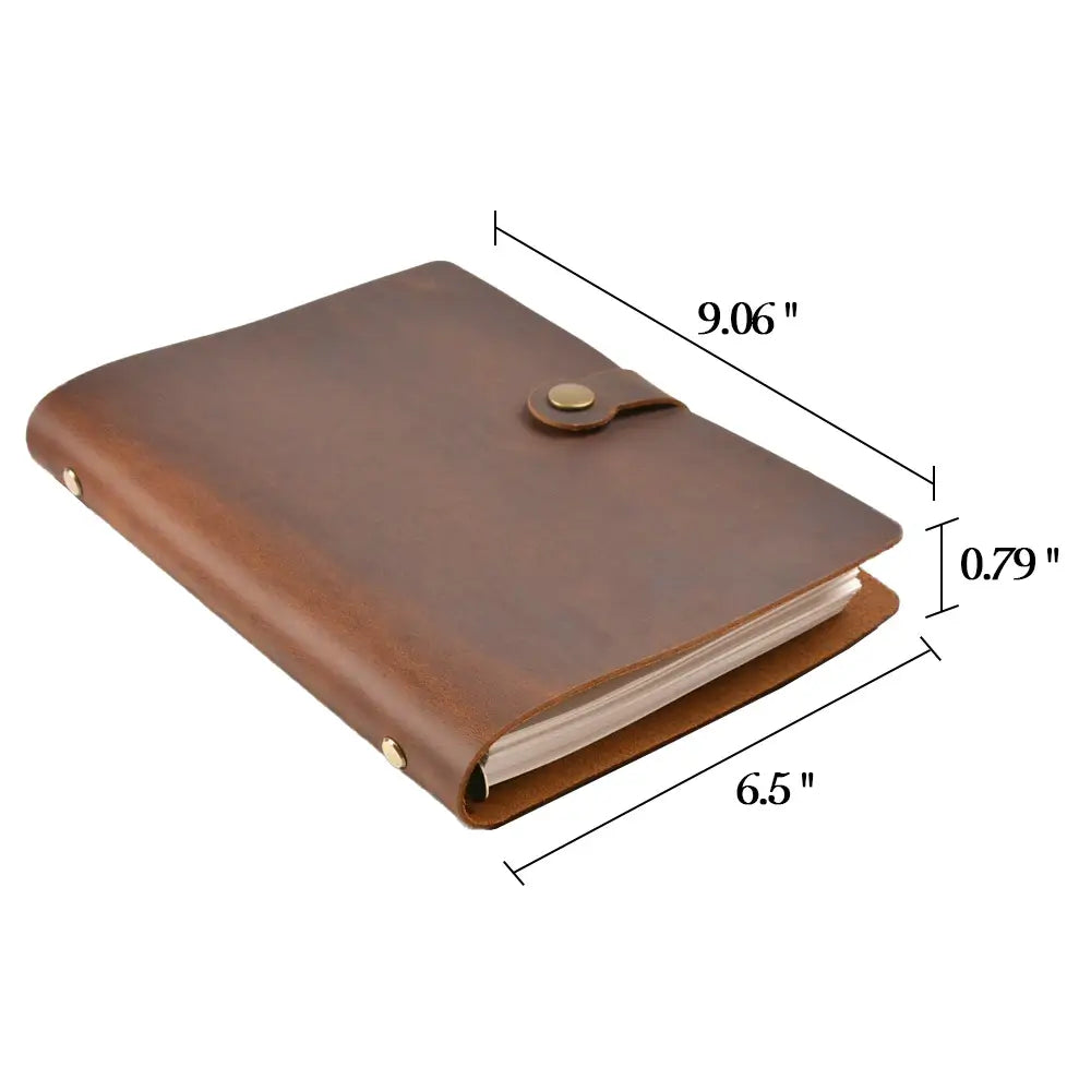 Brown leather notebook with dimensions labeled on a white background