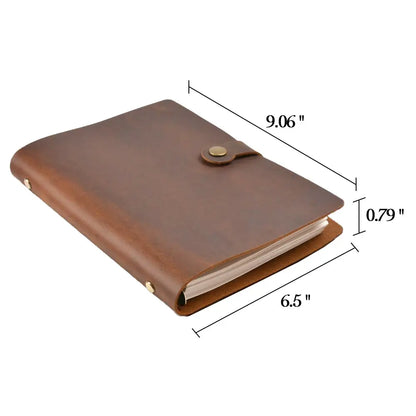 Brown leather notebook with dimensions labeled on a white background