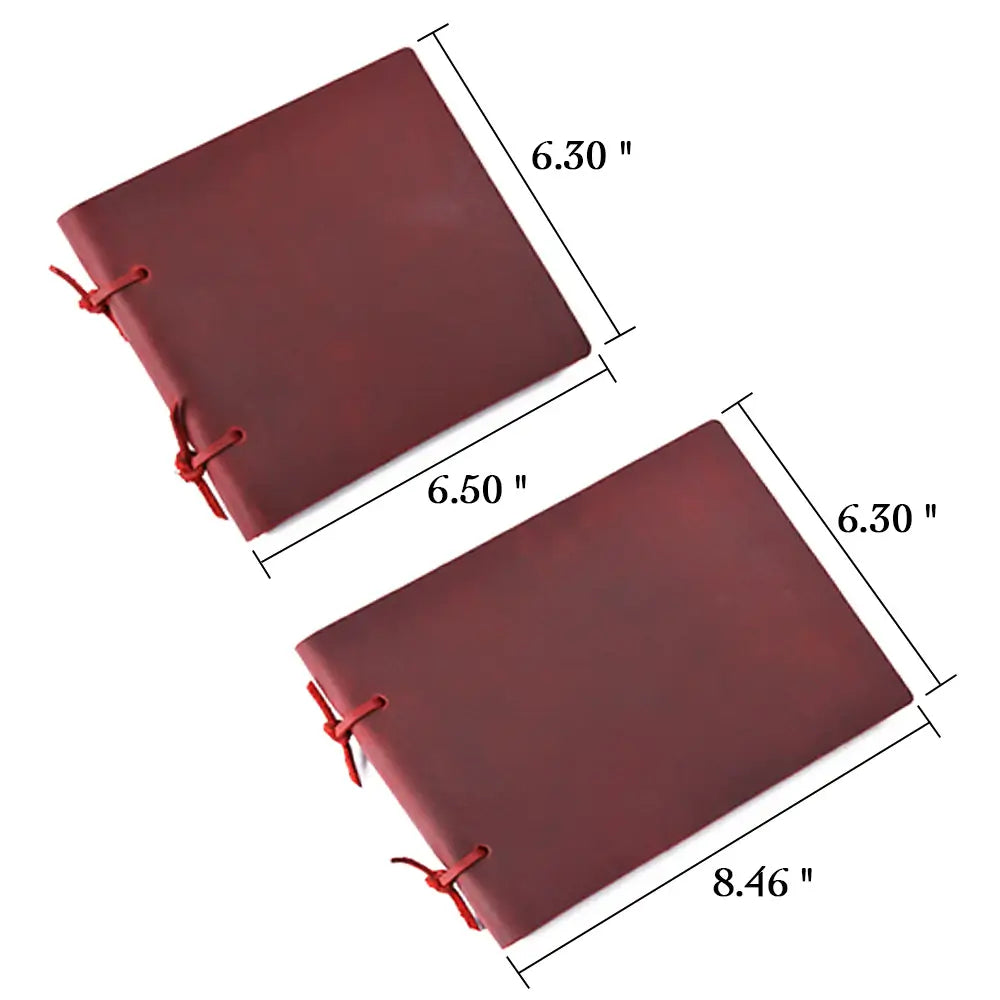 Two red leather-bound books with dimensions indicated on a white background