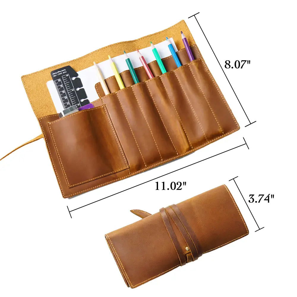 Brown leather roll-up case with measurements on a white background