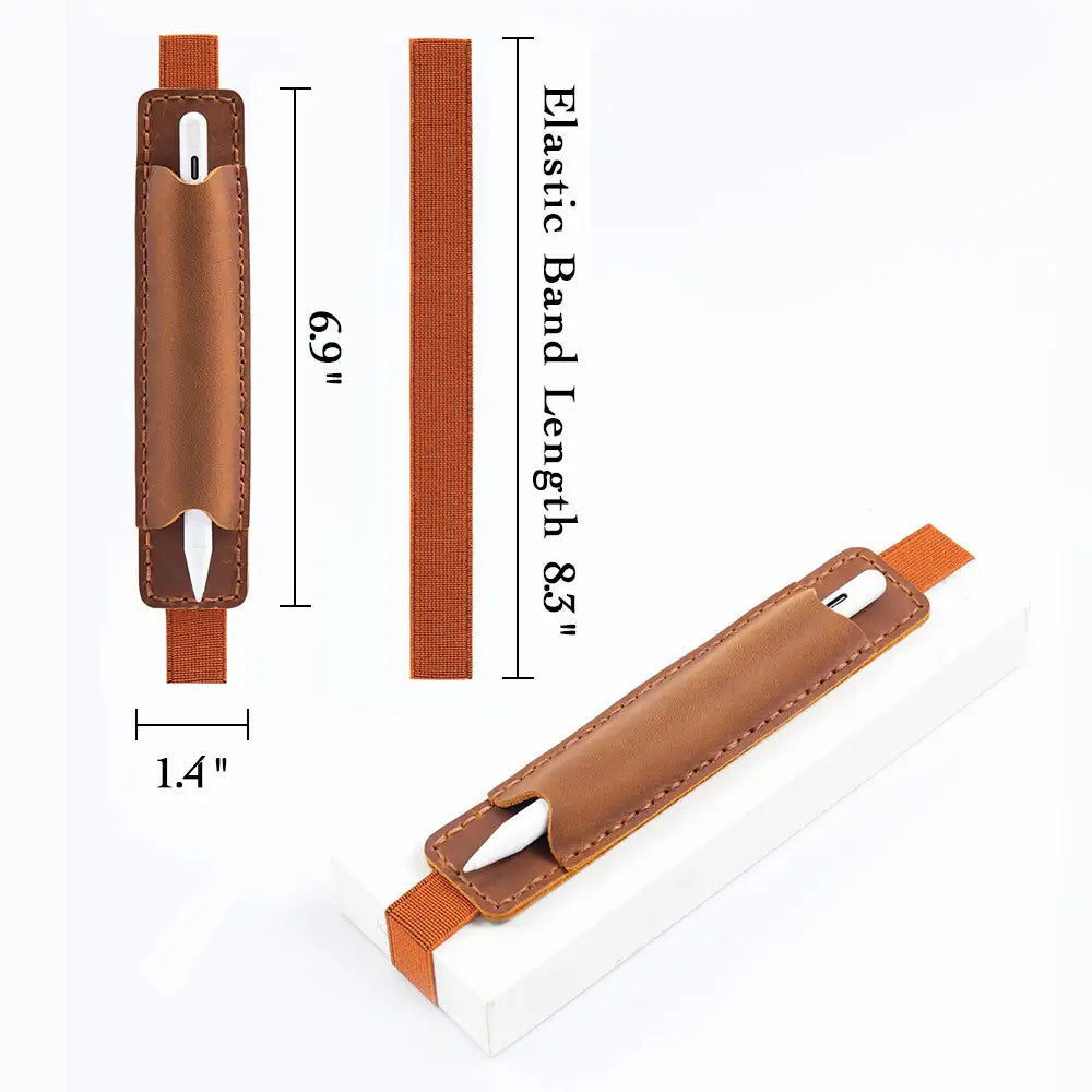 Brown leather pen cases with elastic band, showing dimensions on a white background