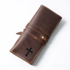 Dark brown leather pen organizer with multiple slots