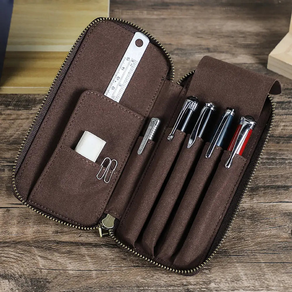Vintage leather 4-pen case open showing pen slots