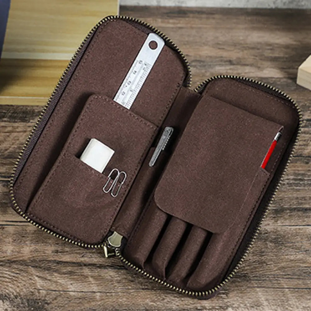 Leather pen case side view showing thickness