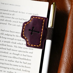 Purple leather bookmark with pen holder personalized