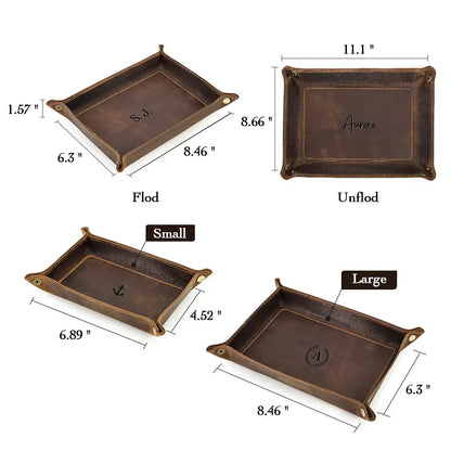Custom engraved initials on leather valet tray
