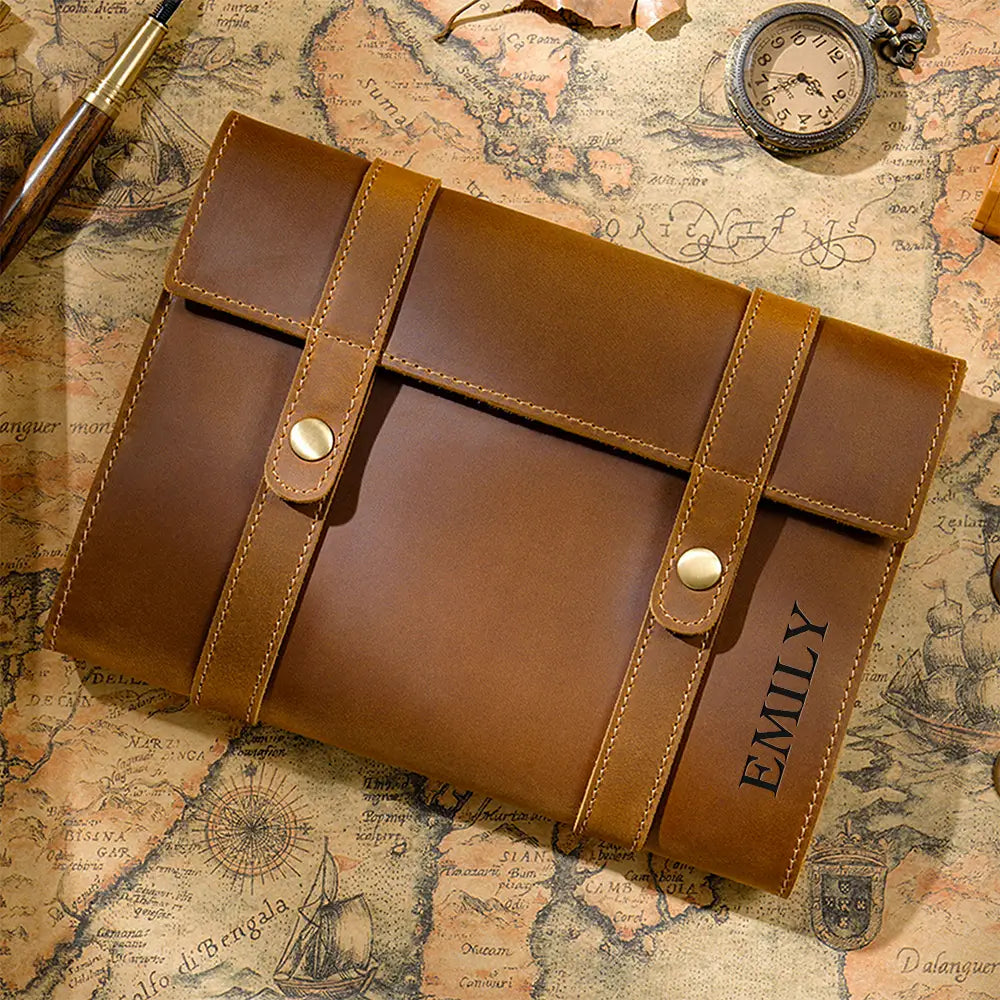 Custom engraved initials on leather journal cover