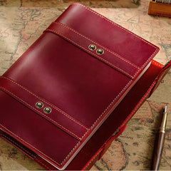 Writer using leather strap journal at wooden desk