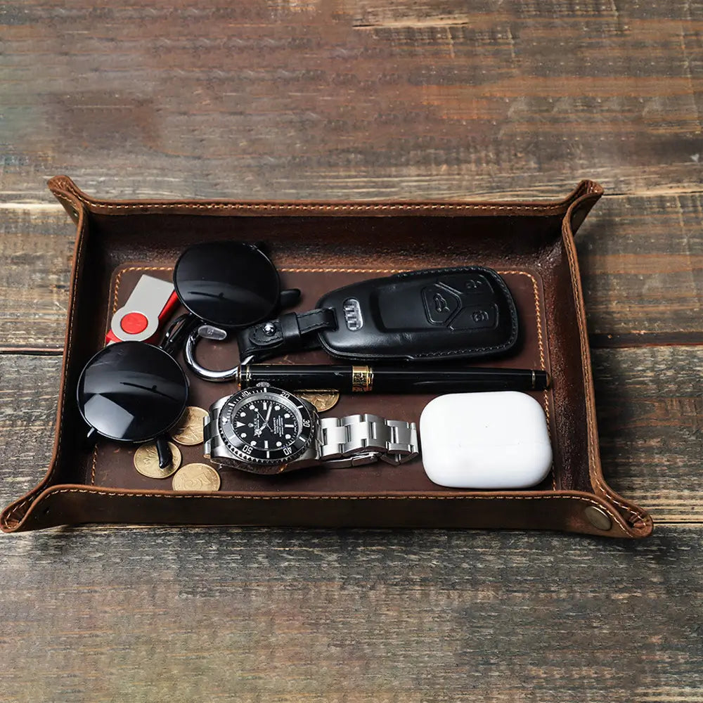 Leather tray organizing desk essentials