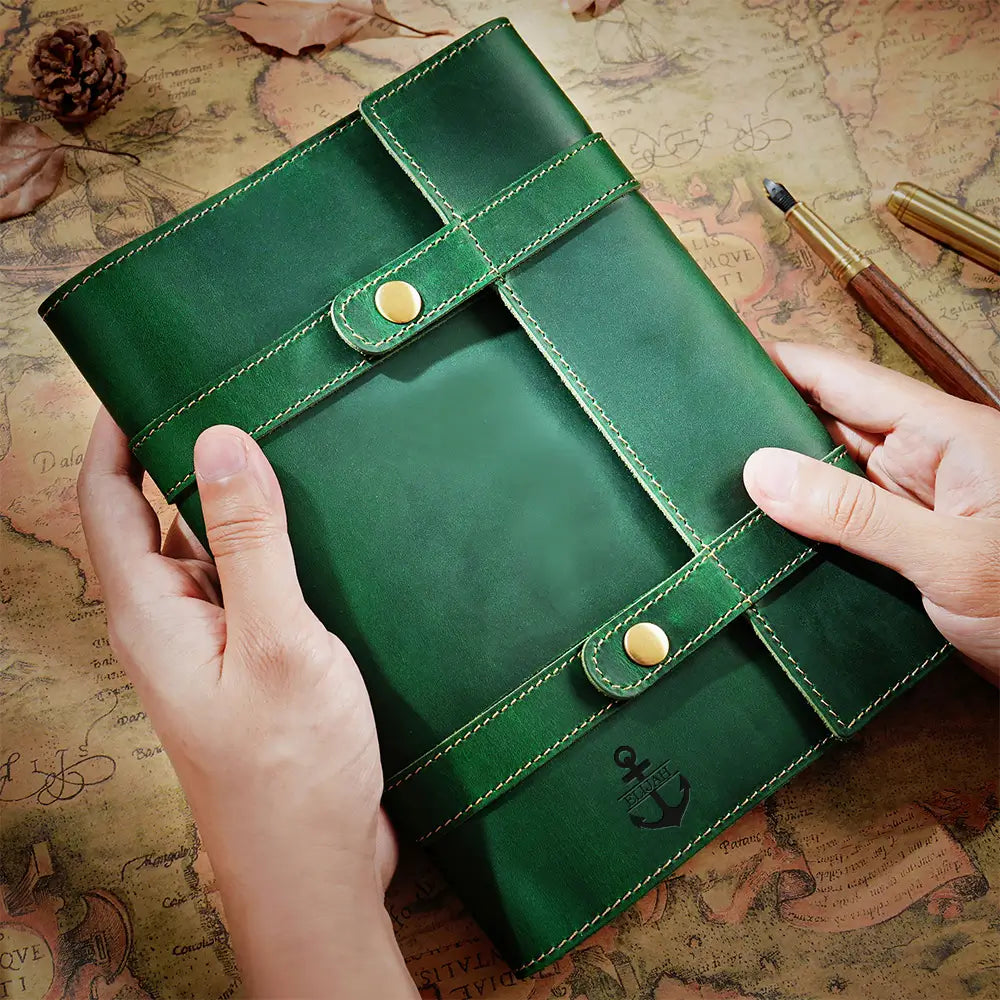 Green crazy horse leather journal with strap