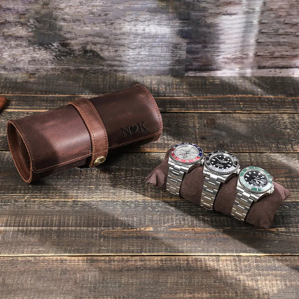 Personalized Leather Watch Roll – 3 Slot Watch Case