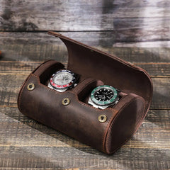 Brown leather 2 watch roll case with two luxury watches - BygoneMark