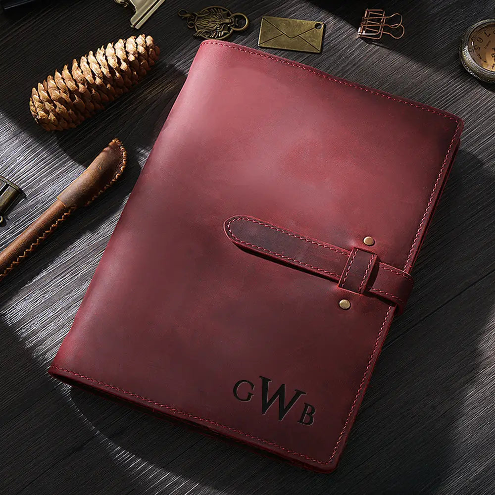 Red personalized leather journal A5 with buckle